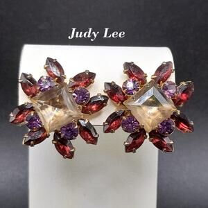 Judy Lee Purple Rhinestone Clip Earrings, Riveted 3D Design, 1950s Vintage